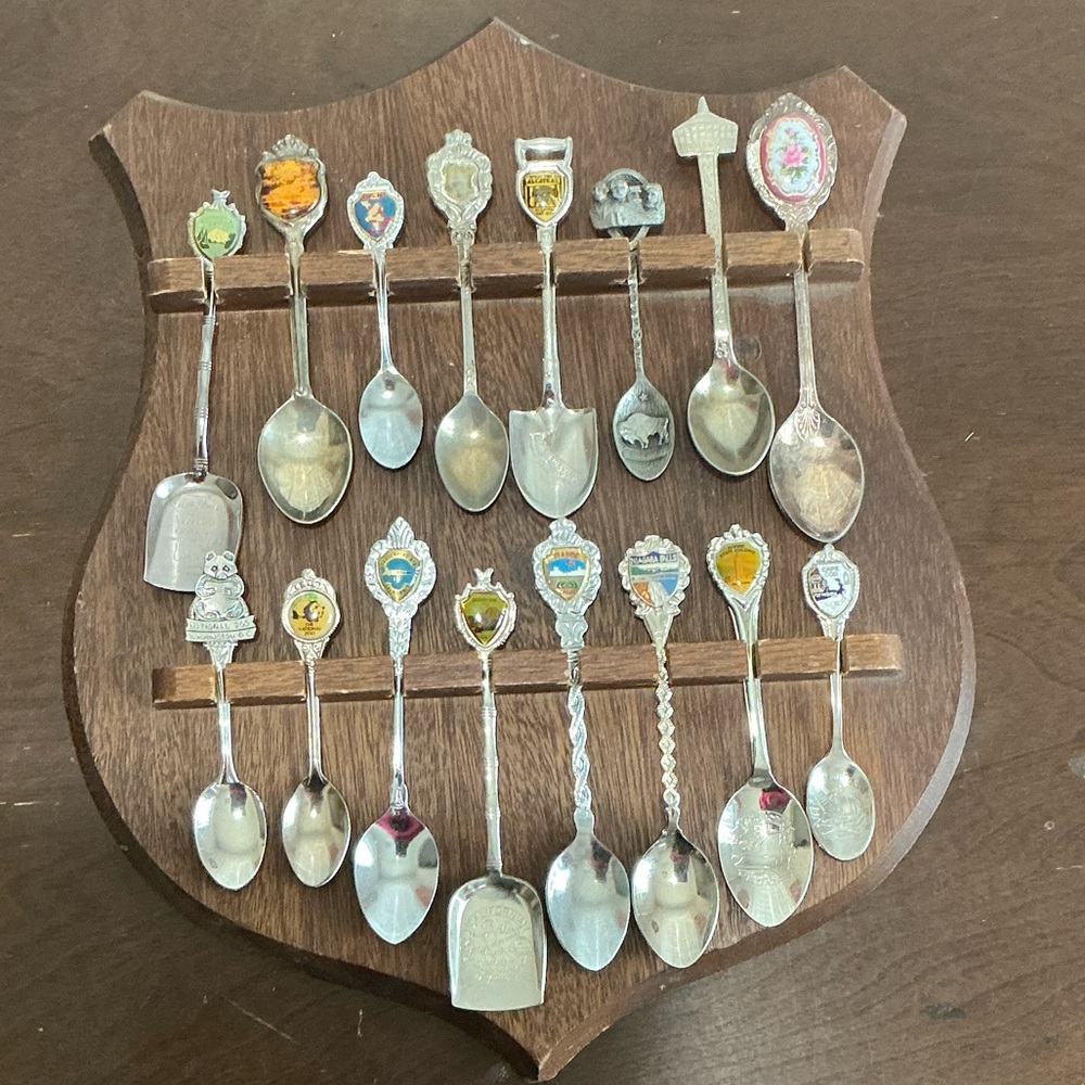 Vintage Spoon Collection 16 Pcs. on Solid Wood Display Rack